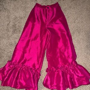 Womens Hot Pink Ruffle Hem Satin Pants